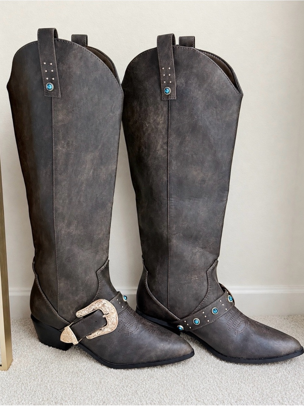 NWT* Brown Western Knee-High Cowgirl Boots with Turquoise & Gold Accents